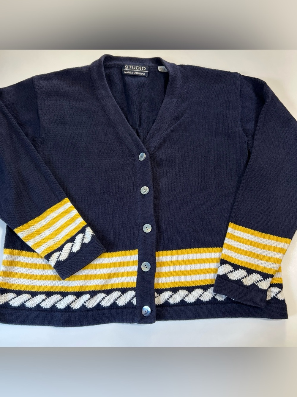 Vtg 90s Y2K Studio 100% Cotton Cardigan Women Large Blue Coastal Nautical Preppy
